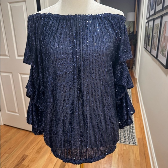 CECE Blue Sequin off shoulder Blouse - Picture 6 of 7